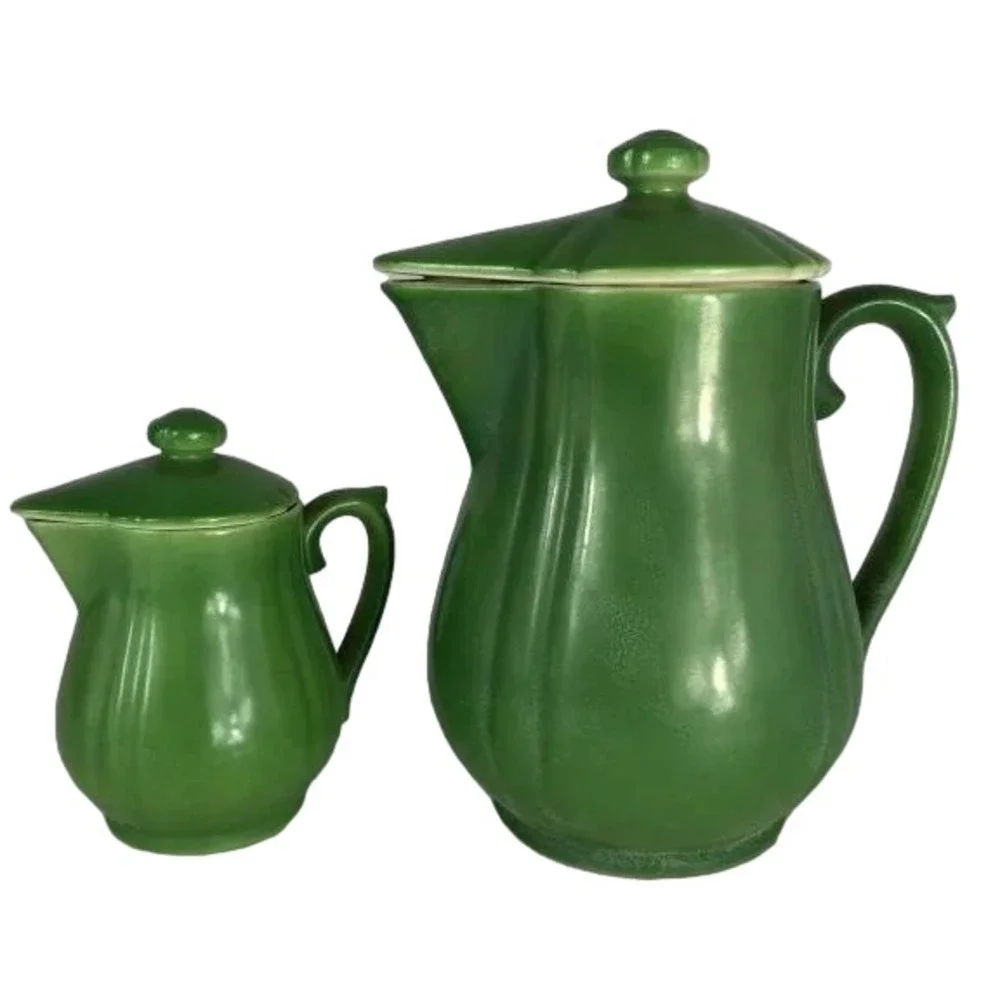 2 PC ANTIQUE 6 in GREEN  TEAPOT‎ & CREAMER - MADE IN JAPAN